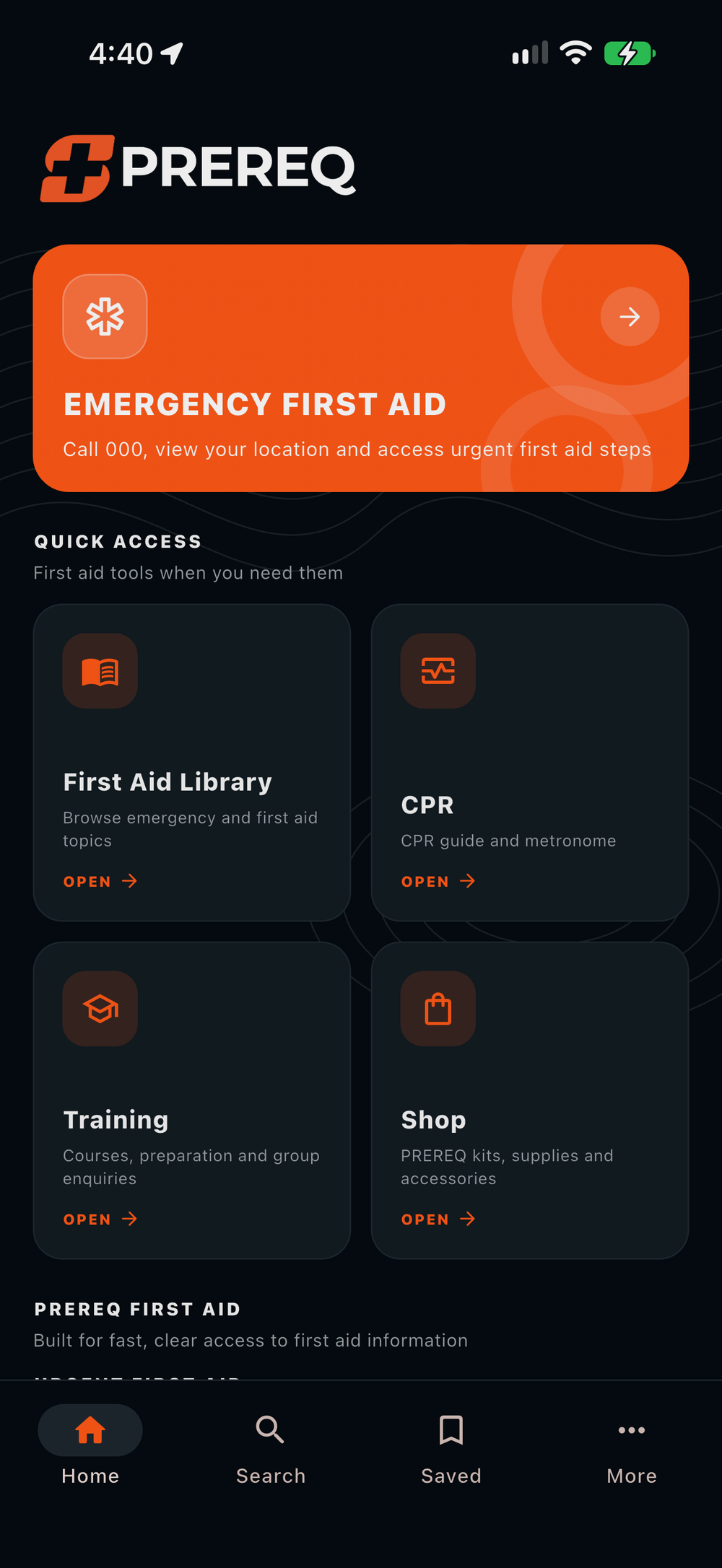 PREREQ First Aid app screen